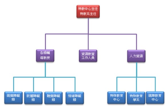 組織架構圖: 特教中心主任:(各類輔導教授:(視覺障礙類、肢體障礙類、聽覺障礙類、情緒障礙類)、資源教室工作人員、人力資源:(特殊教育中心、特殊教育學系、視障教育中心))